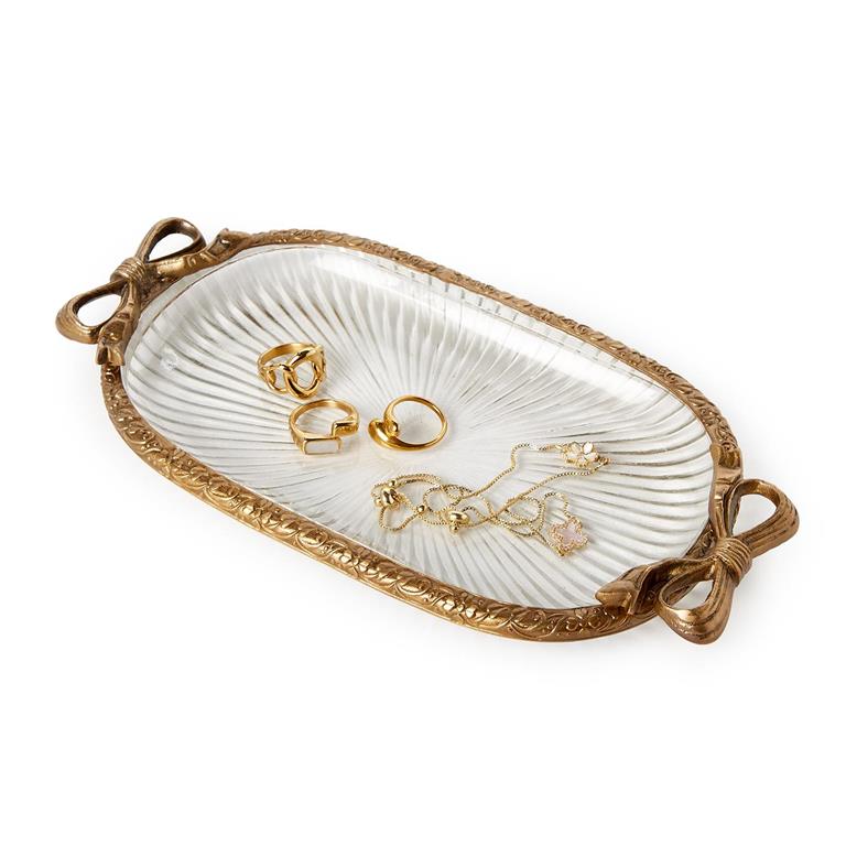 vintage glass dressing table tray Antique Gold Glass Vanity Table / Desk Tray with Bow Accent