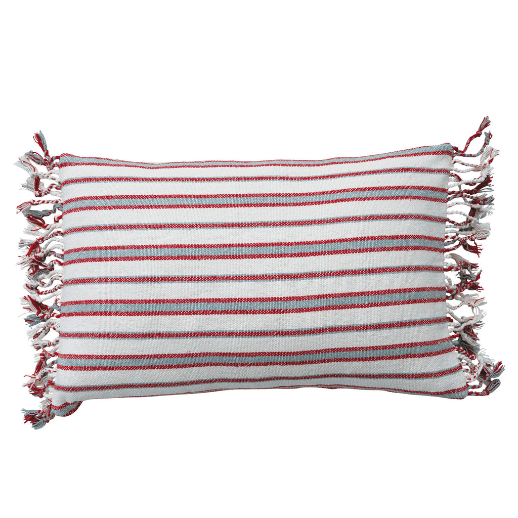 Woven Cotton Striped Lumbar Pillow with Braided Fringe
